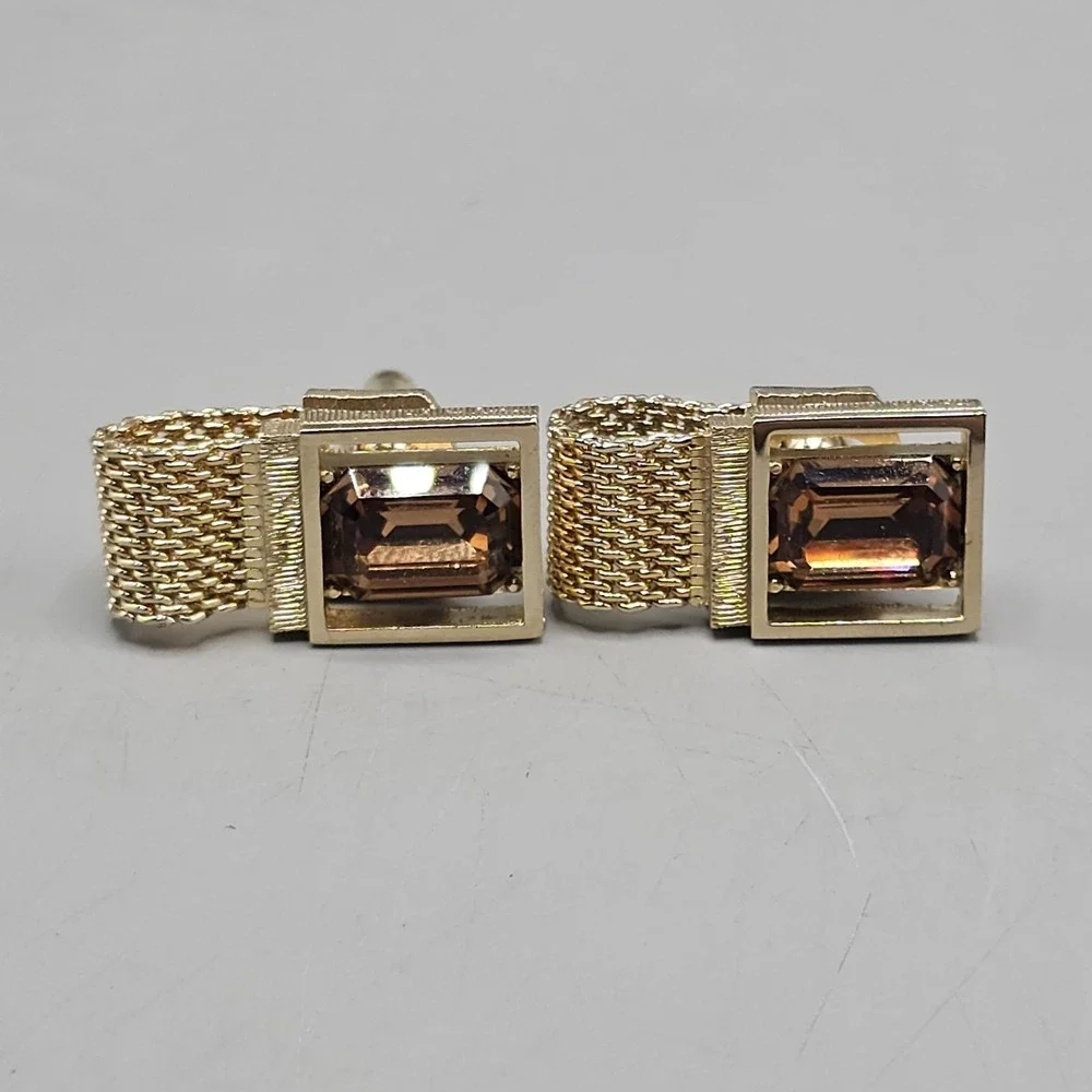 Vintage MCM Gold Tone Smoky Amber Tone Mesh Wrap Cufflinks Quiet Luxury Preppy